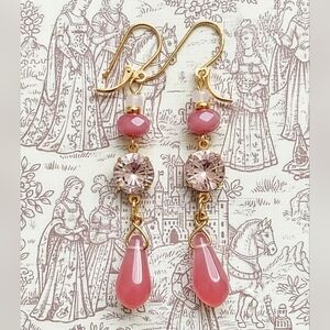 Pink Mosaic Flower Crystal And Pink Opaline Long Gold Plated Earrings